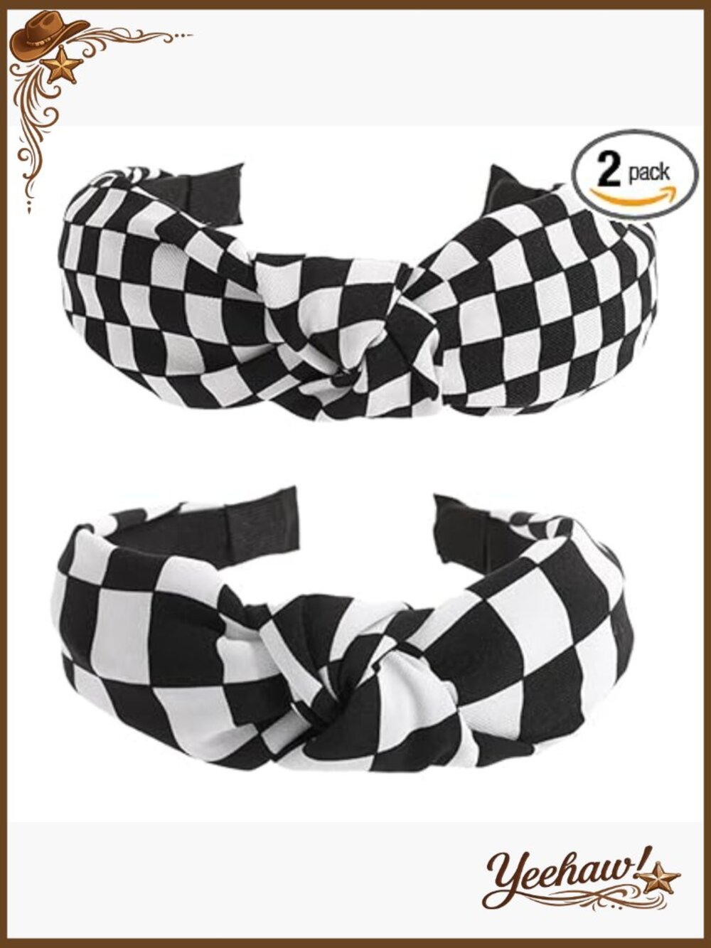 Black White Checkered Knotted Headbands 2 Pack Non Slip Top Knot Hair Band Women